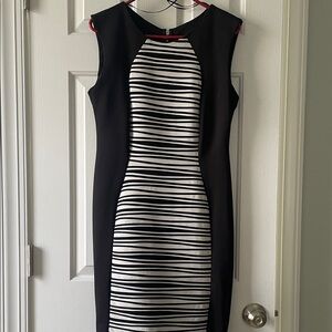 R&M Richards Black and White Striped Midi Dress